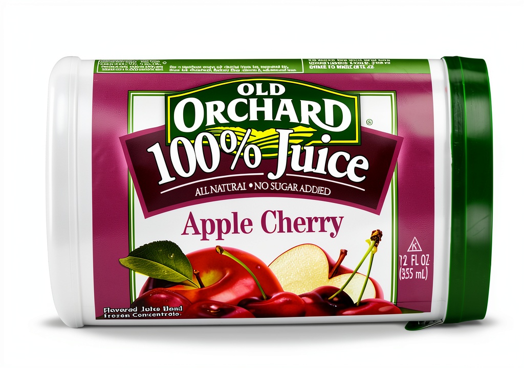 Old Orchards frozen juice packaging displayed in a freezer