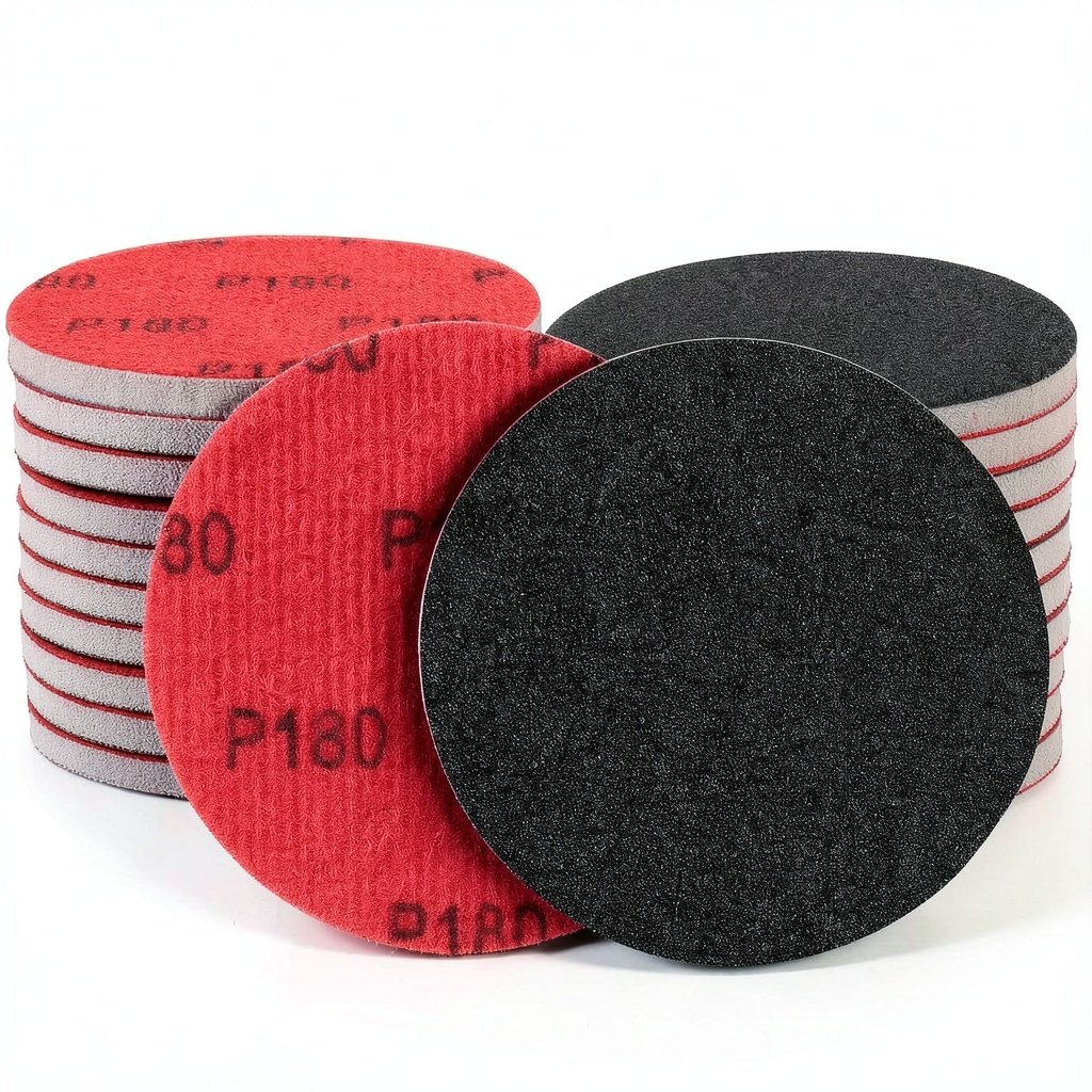 Shineboc sanding sponge attached to an orbital sander on a wooden surface
