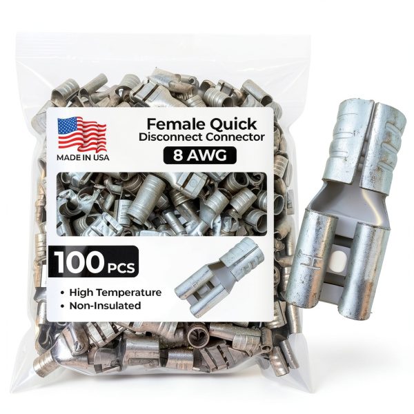 Sherco-Auto 100 Pcs Non-Insulated 8 Gauge Female Quick Disconnect Connector - .250 1/4" Stud Wire Terminal - Brass & V-Grooves Serrations for Strong Crimps & Corrosion Resistance - Made in USA-0